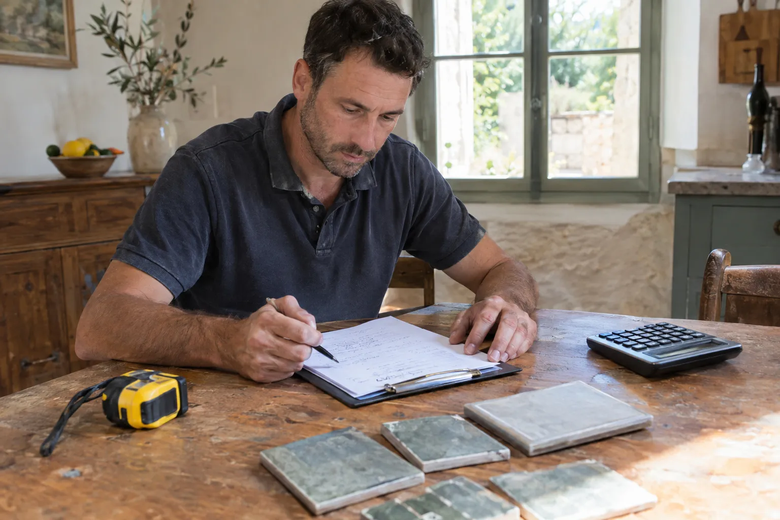 Un carreleur remplit un devis sur un porte-bloc à une table, avec un mètre ruban, une calculatrice et des échantillons de carreaux.