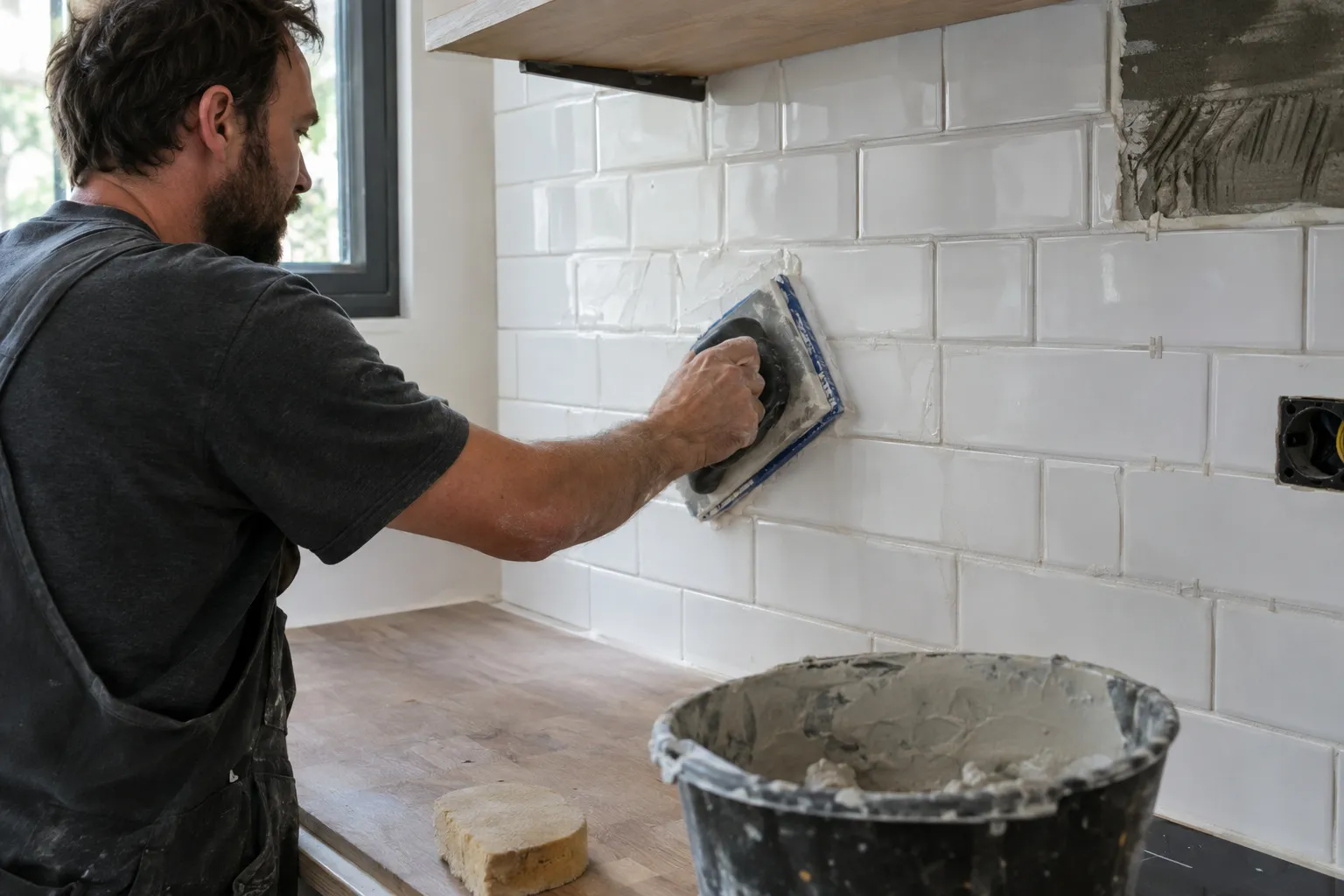 Une crédence de carreaux zellige blancs posée derrière une plaque de cuisson, joints réguliers et plan de travail en bois.