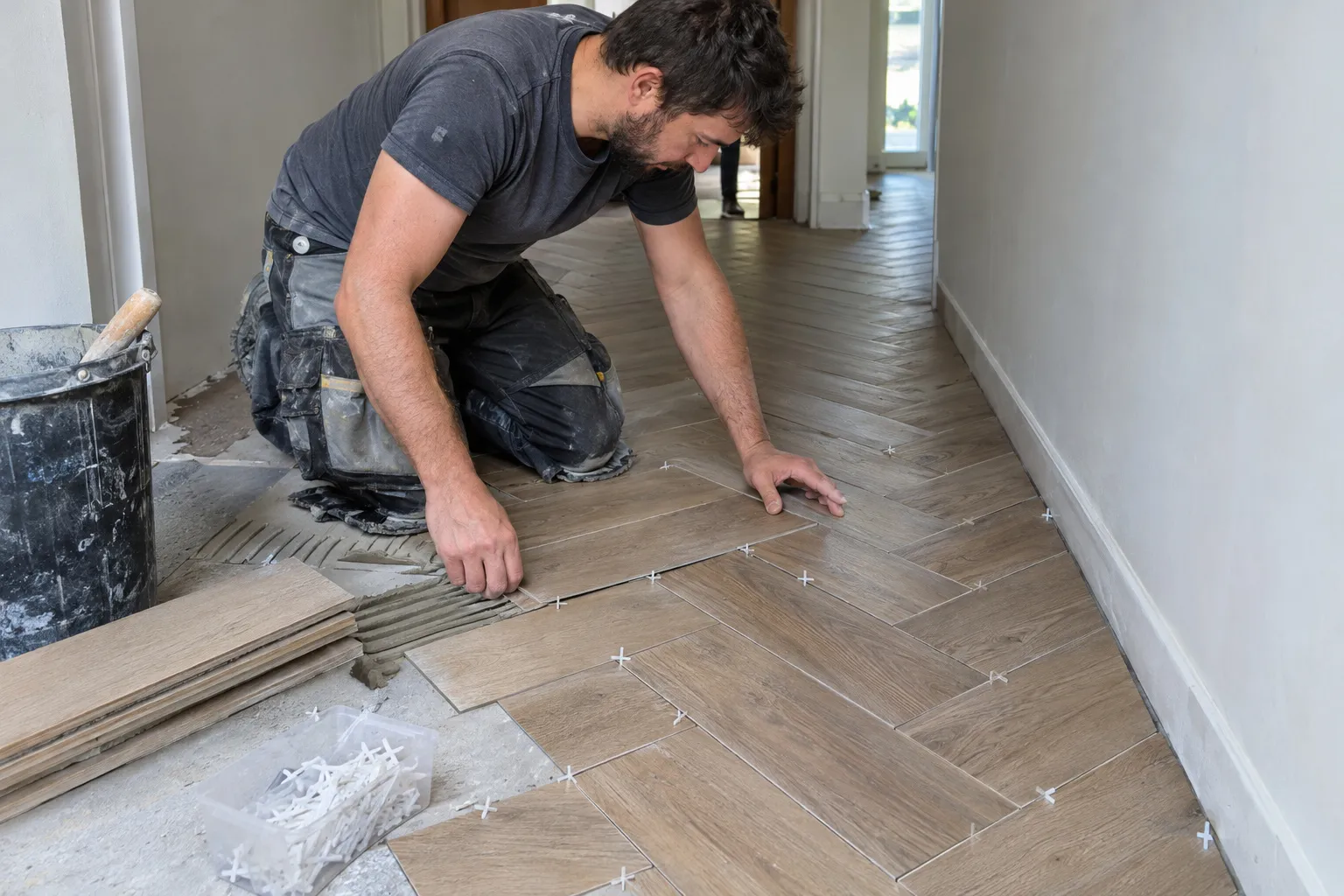 Un carreleur pose à genoux un carrelage effet parquet en chevrons dans un couloir.