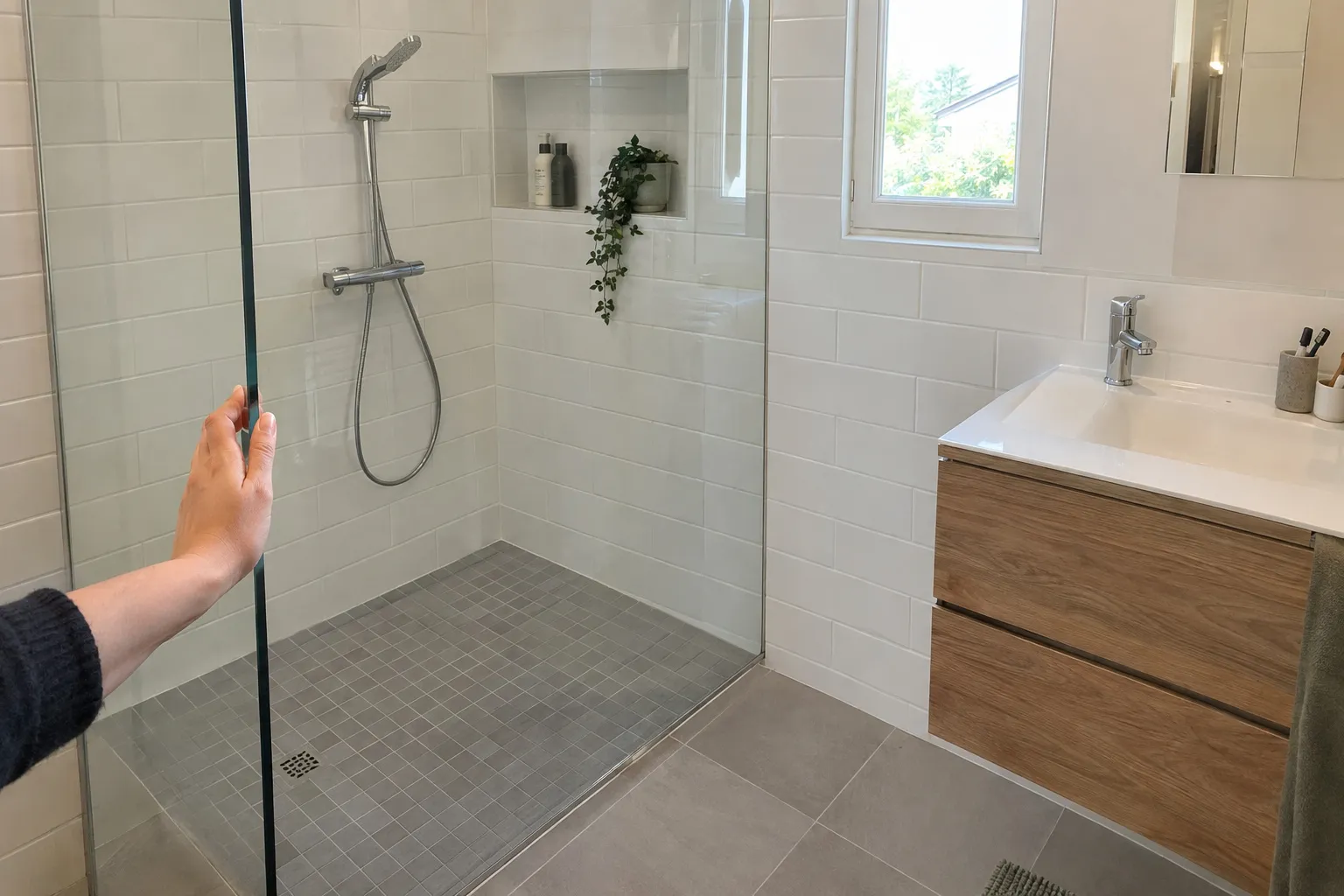 Une douche à l’italienne carrelée, faïence murale blanche et joints nets.