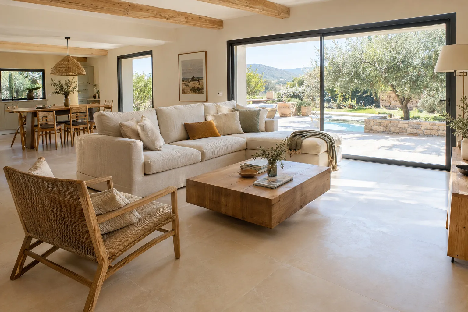 Un séjour de maison provençale carrelé en grand format beige clair, baie vitrée ouverte sur le jardin.