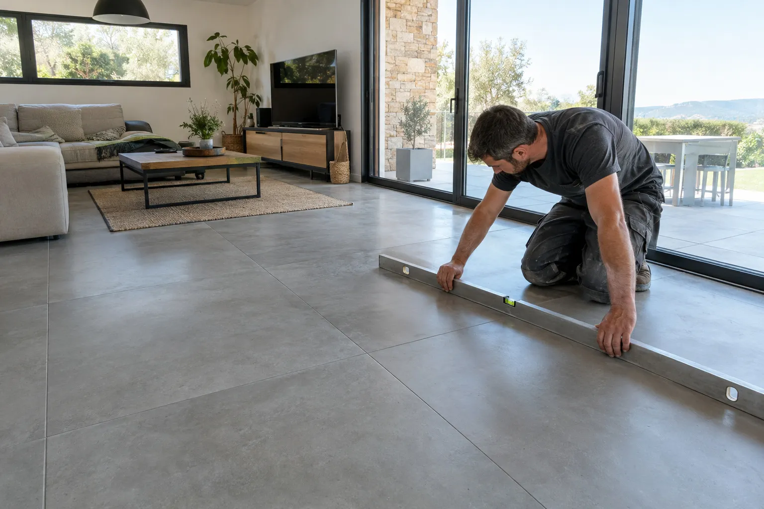 Un séjour d’une maison d’Aubagne au sol de grandes dalles de grès cérame effet pierre, joints fins.