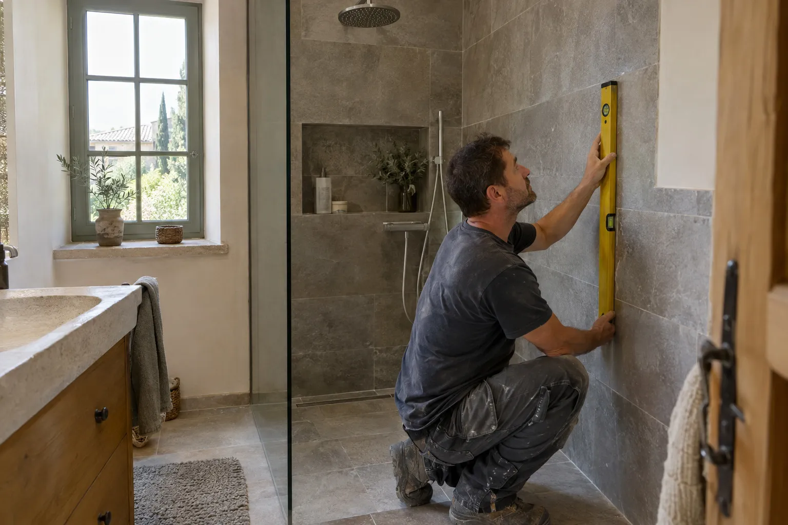 Une salle de bain d’une maison d’Allauch avec une douche carrelée de faïence beige et un sol assorti, finitions soignées.