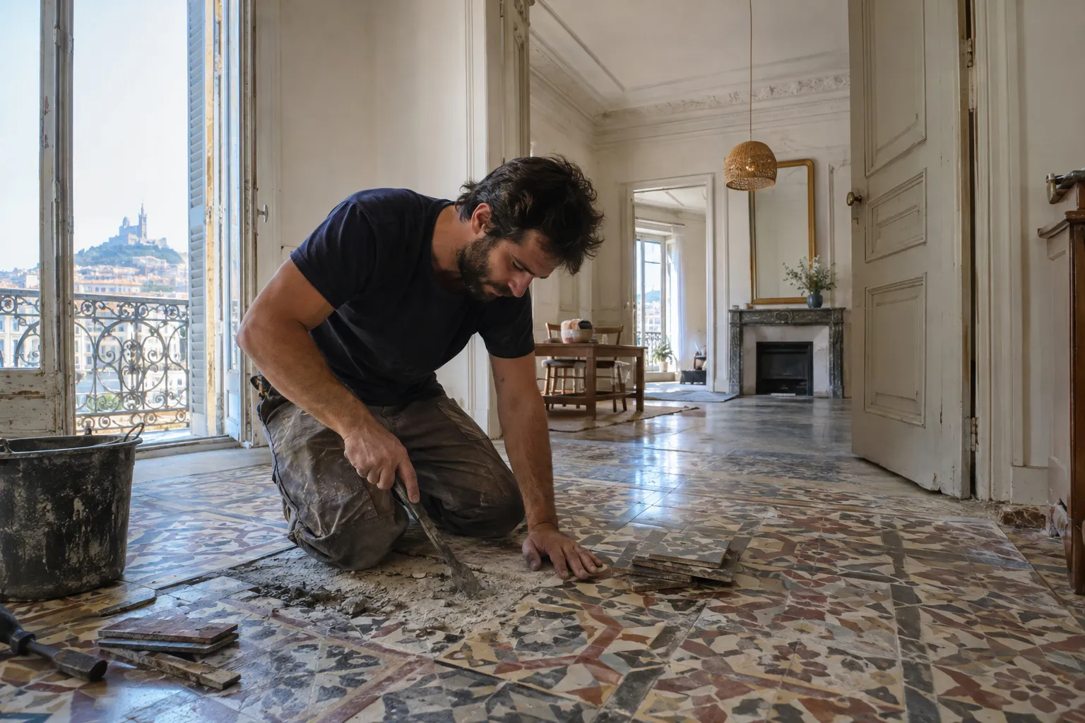 Un sol de carreaux de ciment à motifs, à moitié rénové, dans une pièce d’appartement ancien aux murs clairs.
