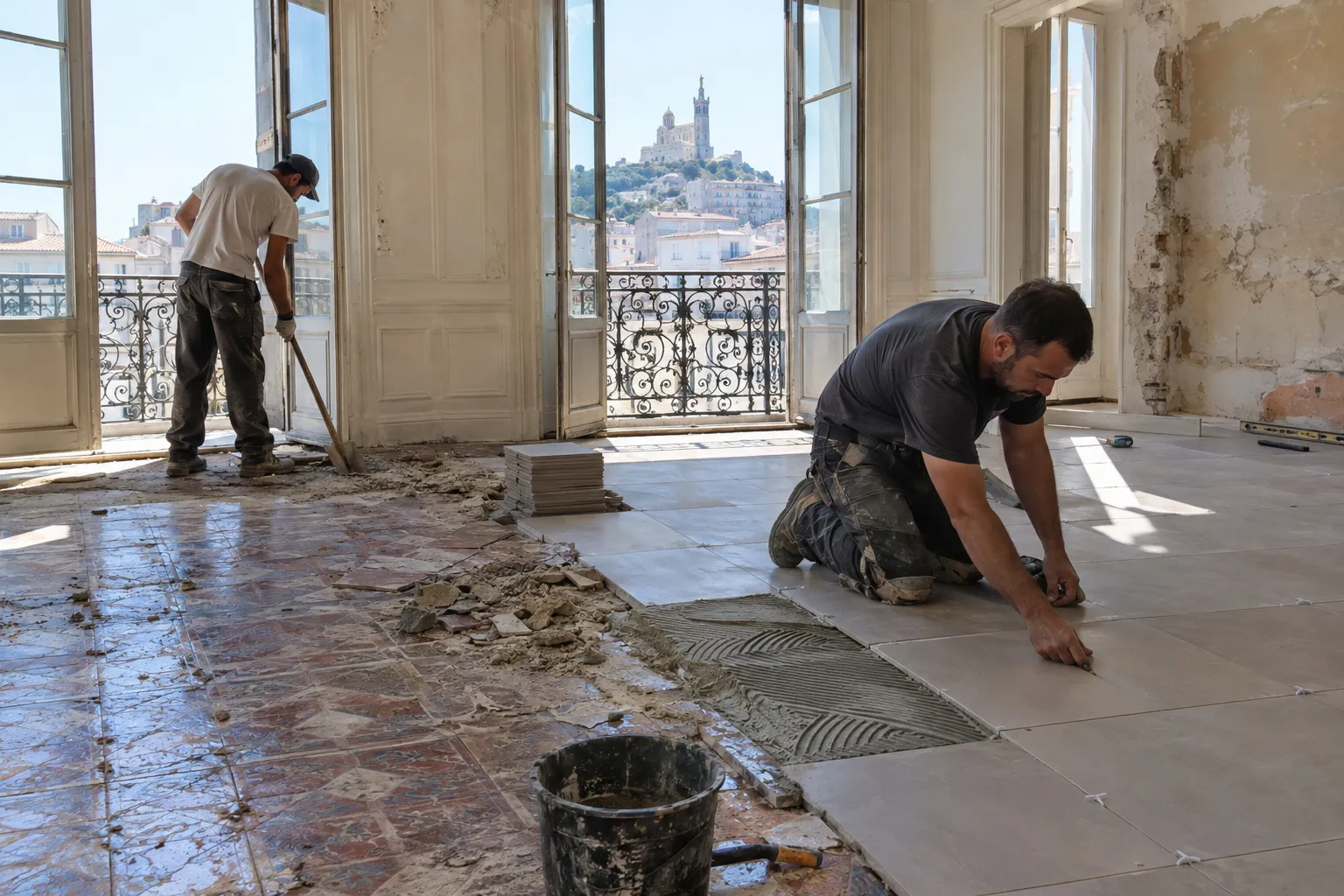 Un appartement ancien du centre de Marseille, plafond haut moulé, sol de vieux carreaux en cours de dépose.