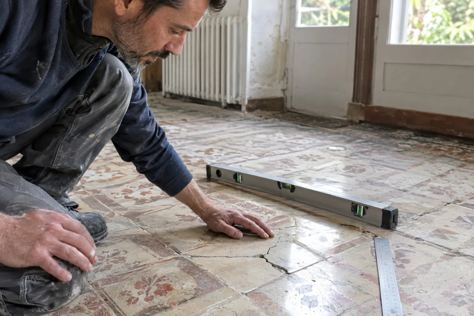 Un carrelage de sol fissuré en ligne droite dans une maison, un carreleur pose la main à côté pour montrer la fissure.